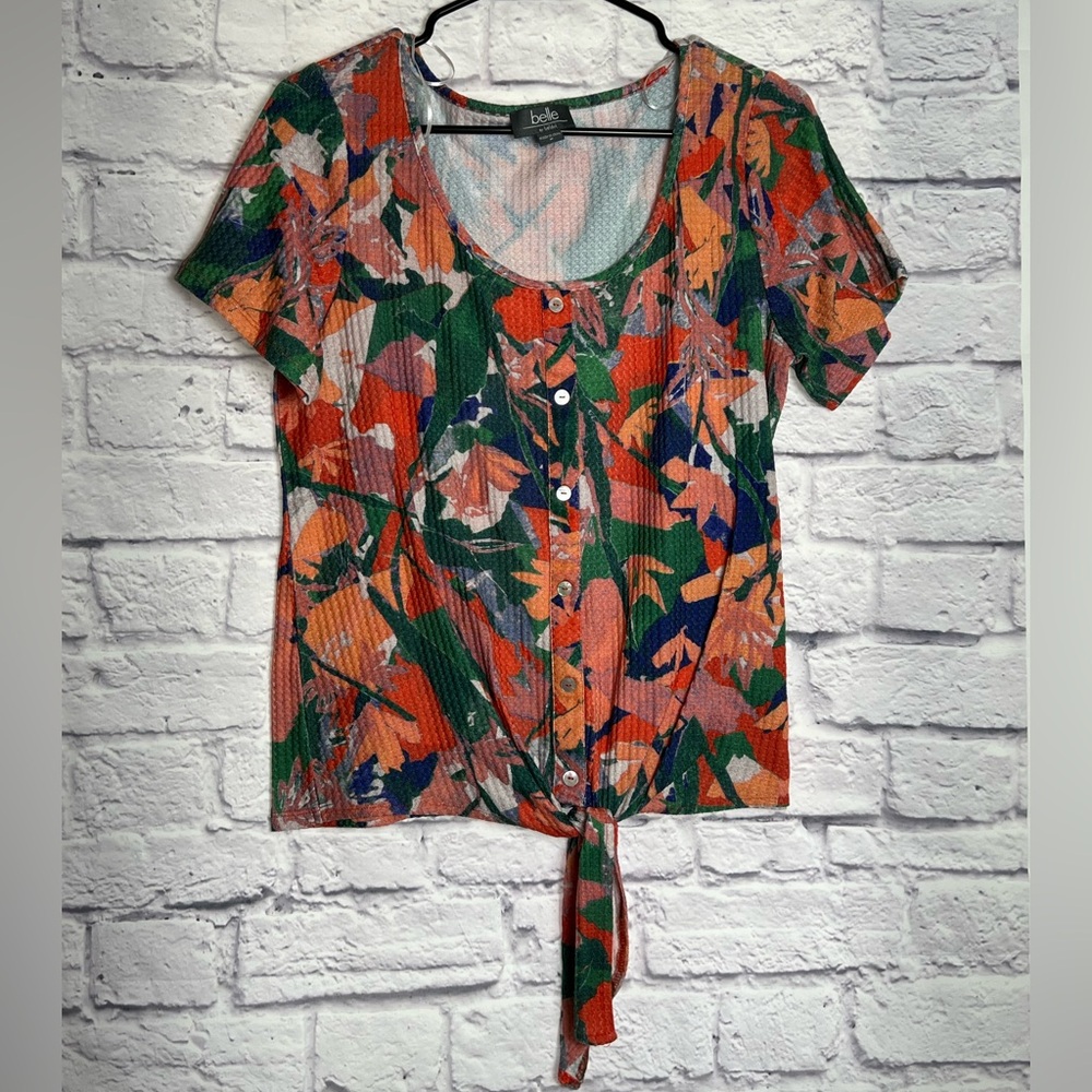 Belle Tropical Button Blouse with Tie